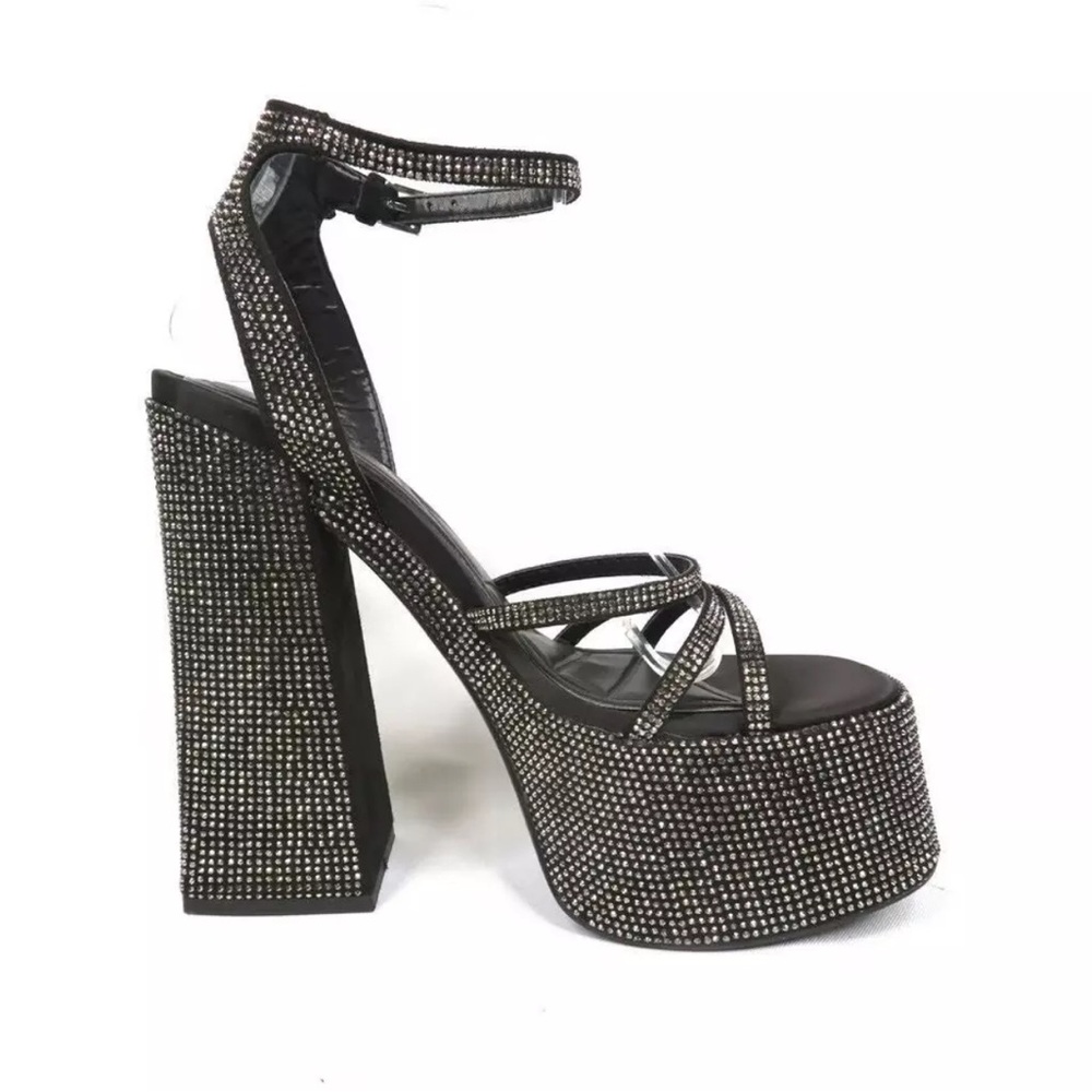 Zara Rhinestone Chunky High Heeled Platform Sandals Black & Silver Sz 41 10/10.5 - Picture 3 of 7